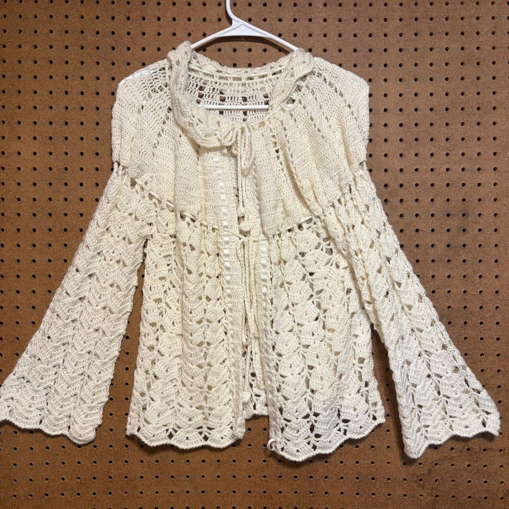 Crochet Cardigan OS Cream Boho Cottagecore Tie Knit Sweater Coquette Boho Granny